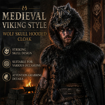 🐺Halloween Medieval Viking Faux Wolf Skull Hooded Cape