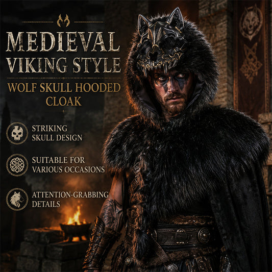 🐺Halloween Medieval Viking Faux Wolf Skull Hooded Cape