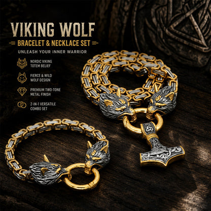 🐺Viking Wolf Head Mjölnir Hammer Jewelry Set ⚡– Stainless steel with Byzantine chain – Bold & durable – perfect for daily wear or gifting ✨💪