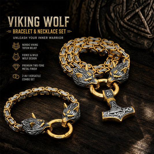 🐺Viking Wolf Head Mjölnir Hammer Jewelry Set ⚡– Stainless steel with Byzantine chain – Bold & durable – perfect for daily wear or gifting ✨💪