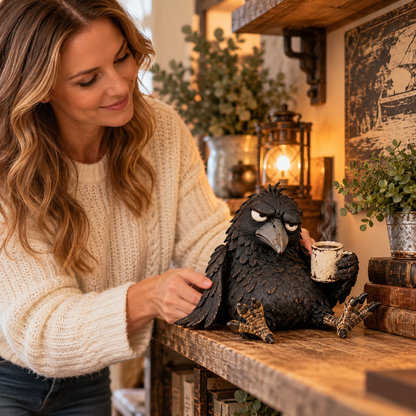 ☕Grumpy Coffee Raven Figurine – “Not Yet” Funny Morning Decor