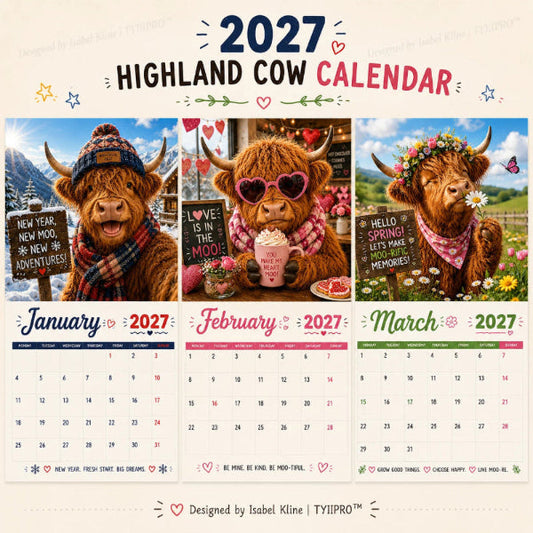 🐮2027 Funny Highland Cow Wall Calendar A4 Hanging Calendar