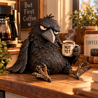 ☕Grumpy Coffee Raven Figurine – “Not Yet” Funny Morning Decor