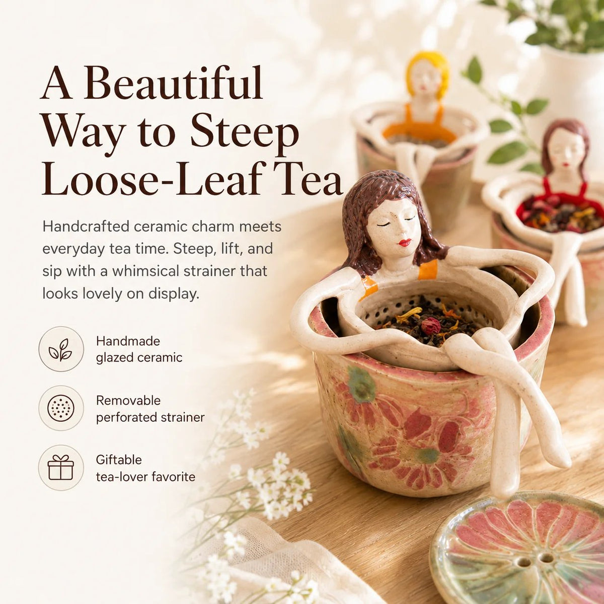 🍵Whimsical Sitting Lady Ceramic Tea Strainer Collection
