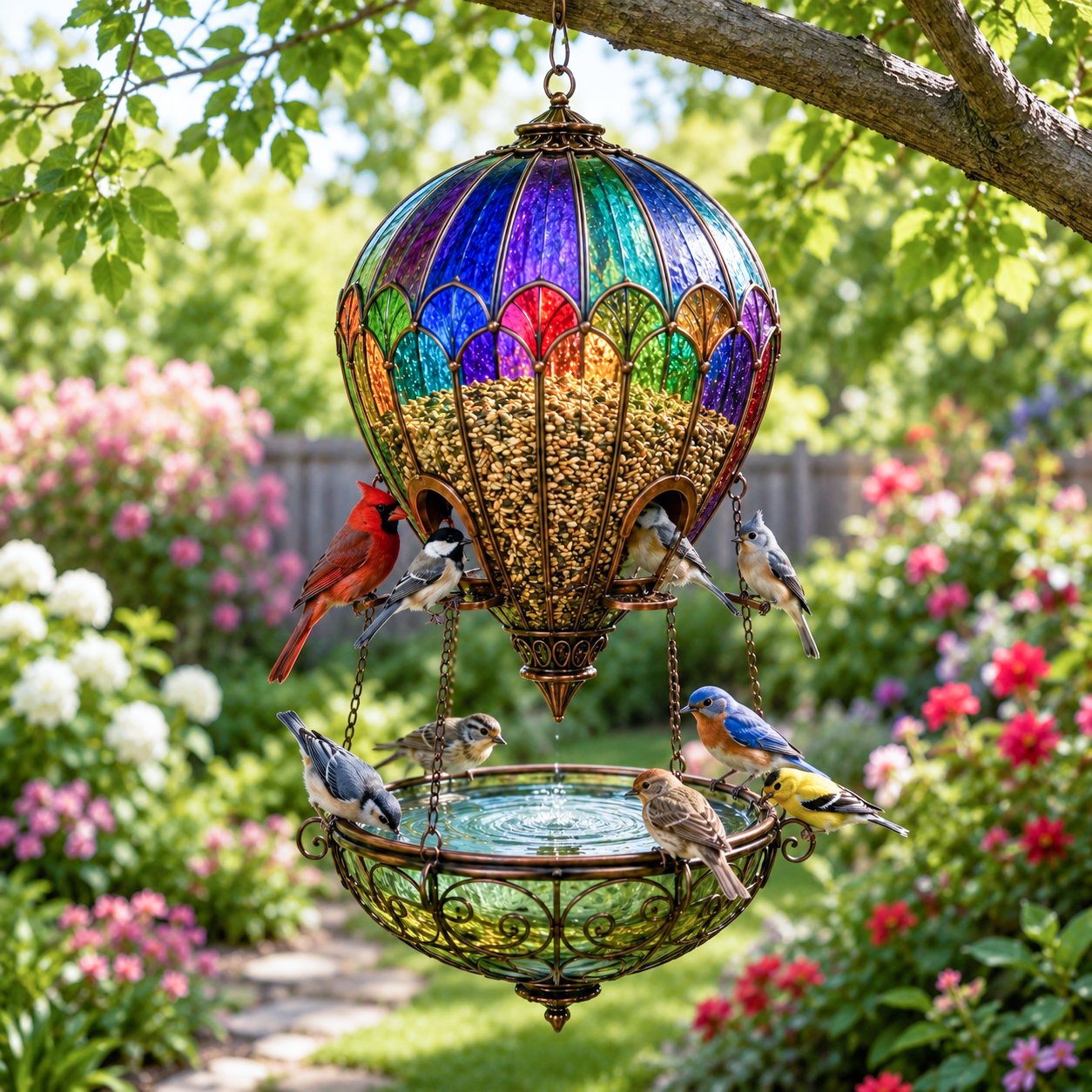 🎈🐦 Stained Glass Hot Air Balloon Bird Feeder — feed, sip, and perch all in one garden showpiece