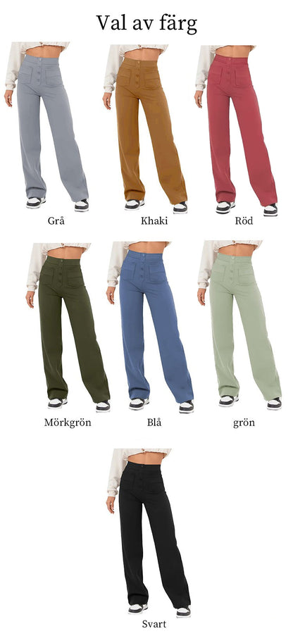 ⏳Högelastiska byxor med flera fickor/Solid color casual straight multi-pocket high elastic pants