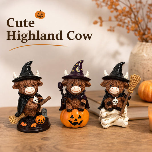 Halloween Highland Cow Witch Ornament – Spooky-Cute Tabletop Decor for Mantel, Shelf & Candy Station