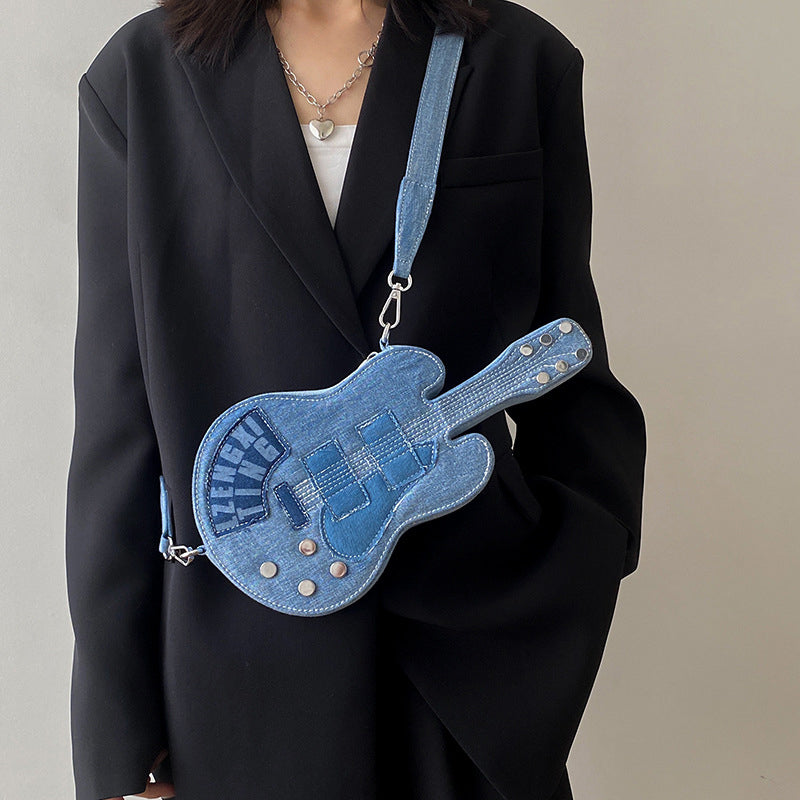 Unique Guitar-Shaped Denim Crossbody Bag for Women