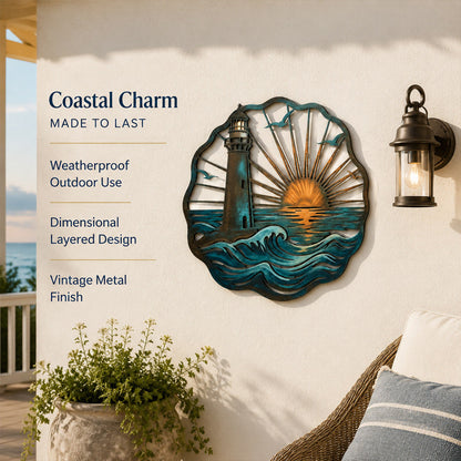 🌅 Golden Harbour Lighthouse Mural – Vintage Coastal-Style Metal Wall Decoration⚓