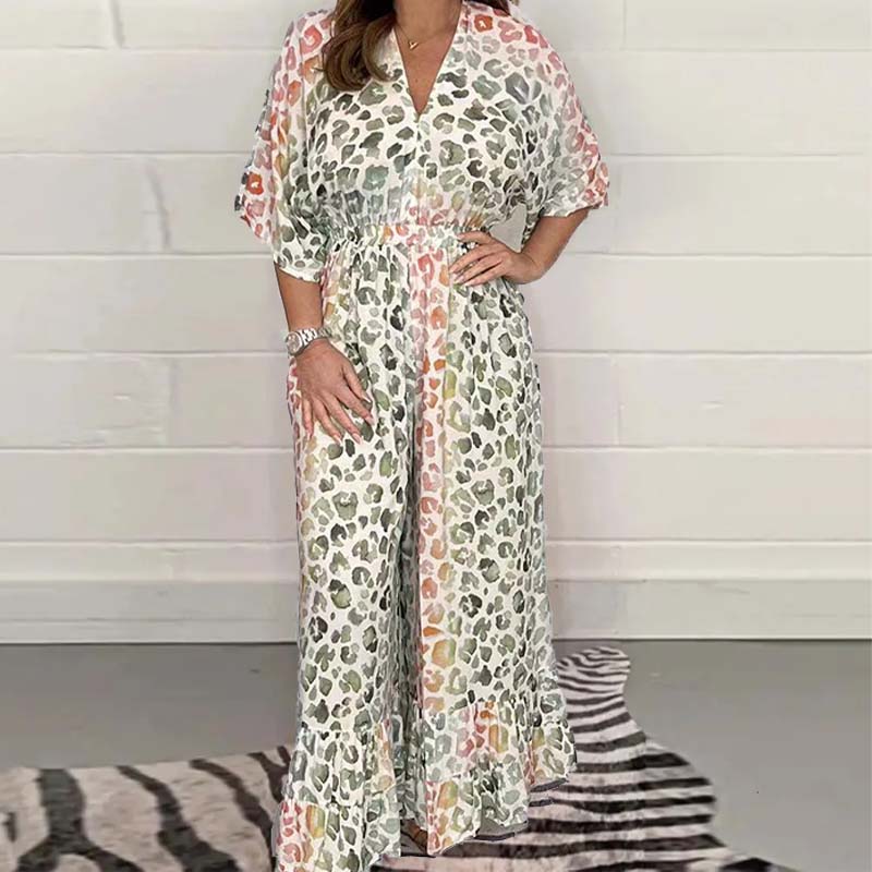 Sommarmönstrad V-ringad jumpsuit med vida ben