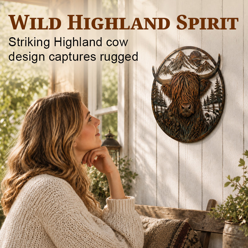 🐂Highland Cow Mountain Scene Metal Wall🏔️