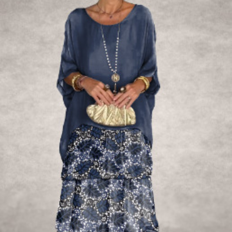 Konstnärlig lös klänning/chiffonnät dolmanärmad långklänning med rund hals