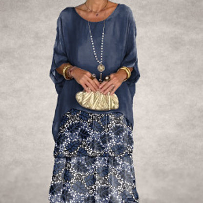 Konstnärlig lös klänning/chiffonnät dolmanärmad långklänning med rund hals