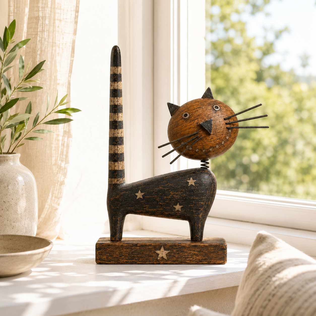🐈Vintage Primitive Wooden Cat with Metal Accents