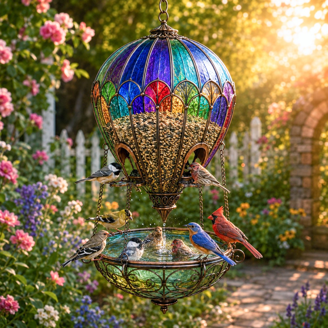 🎈🐦 Stained Glass Hot Air Balloon Bird Feeder — feed, sip, and perch all in one garden showpiece