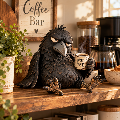 ☕Grumpy Coffee Raven Figurine – “Not Yet” Funny Morning Decor