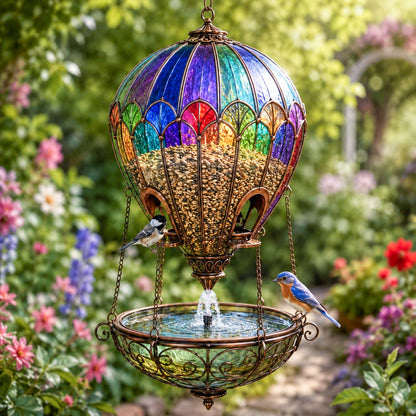 🎈🐦 Stained Glass Hot Air Balloon Bird Feeder — feed, sip, and perch all in one garden showpiece