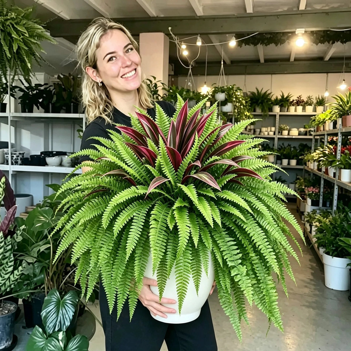 🌿 UV-resistant artificial ferns & red dragon trees – Full, lush, and colorfast!