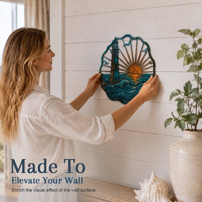 🌅 Golden Harbour Lighthouse Mural – Vintage Coastal-Style Metal Wall Decoration⚓