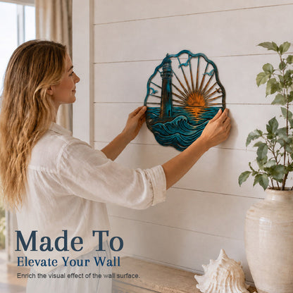 🌅 Golden Harbour Lighthouse Mural – Vintage Coastal-Style Metal Wall Decoration⚓