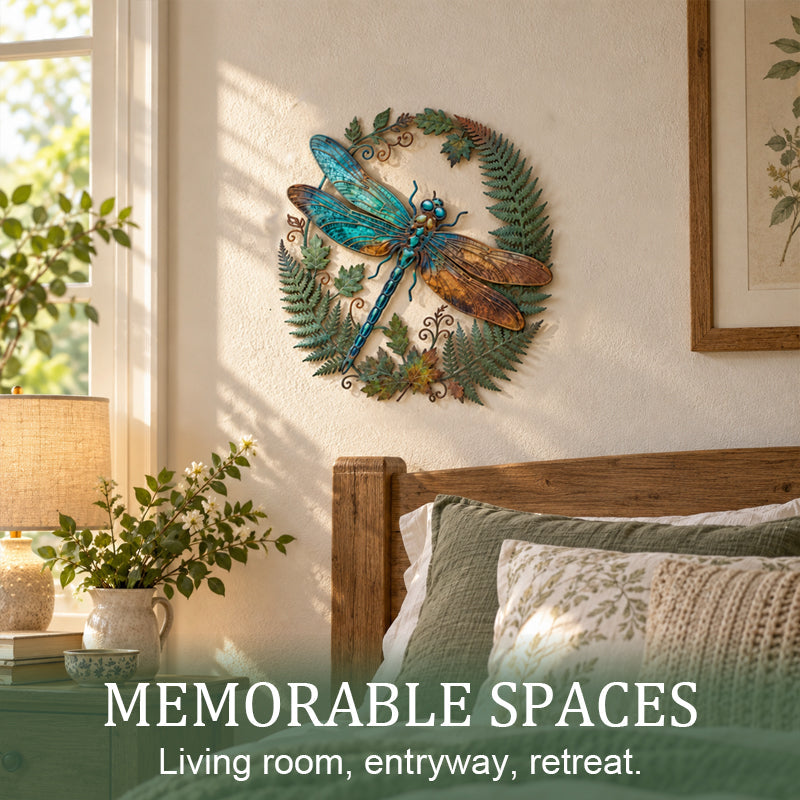 🍃‘Emerald Vines and Perched Dragonflies’ Wall Art – Vintage Pastoral-Style Metal Wall Decoration