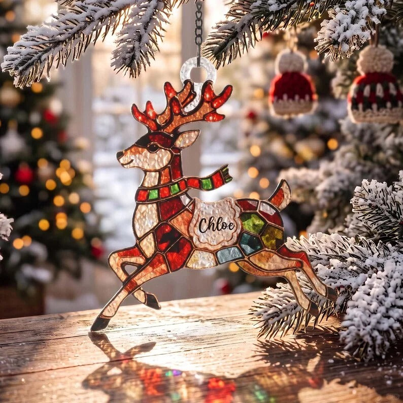 🌈Personalized Christmas-themed Stained Glass Ornament – ‘Sun Catcher’ tree decoration with space to write a name