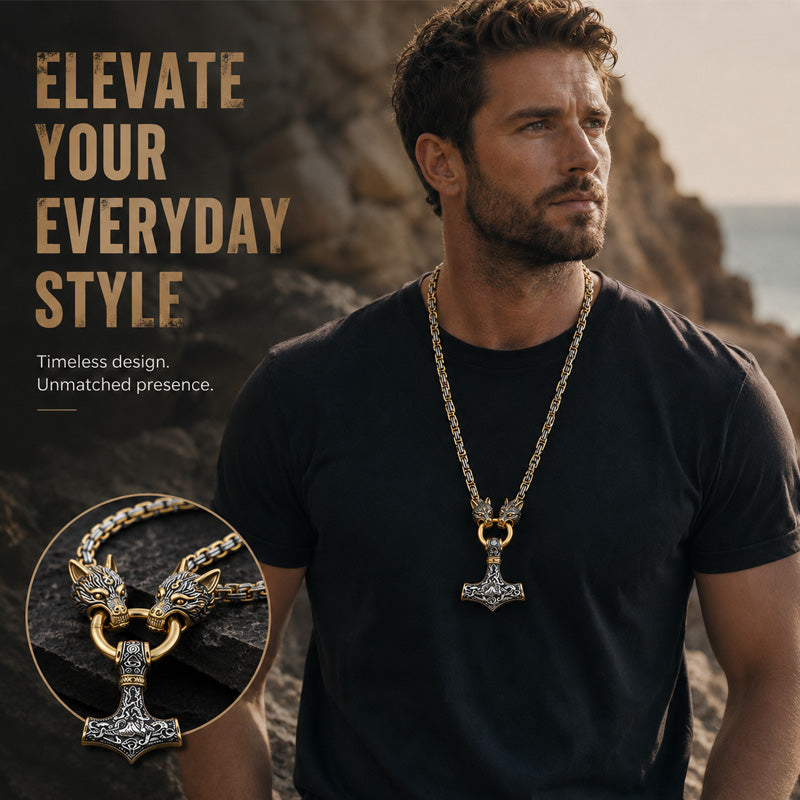 🐺Viking Wolf Head Mjölnir Hammer Jewelry Set ⚡– Stainless steel with Byzantine chain – Bold & durable – perfect for daily wear or gifting ✨💪