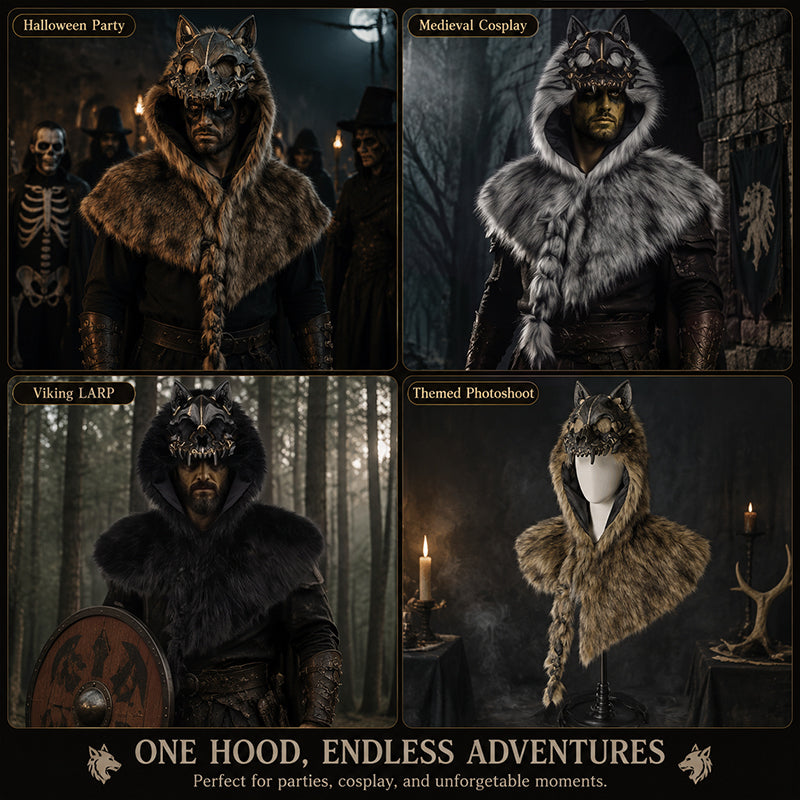 🐺Halloween Medieval Viking Faux Wolf Skull Hooded Cape