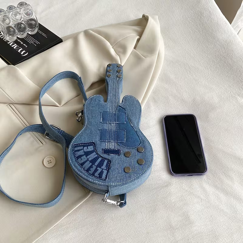 Unique Guitar-Shaped Denim Crossbody Bag for Women