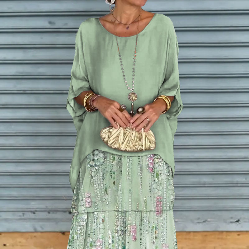 Konstnärlig lös klänning/chiffonnät dolmanärmad långklänning med rund hals