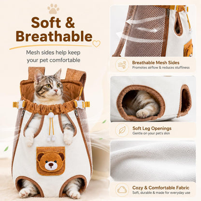 Cute Bear Design Front Pet Carrier Backpack -- Breathable Adjustable Hands-Free Travel Chest Bag