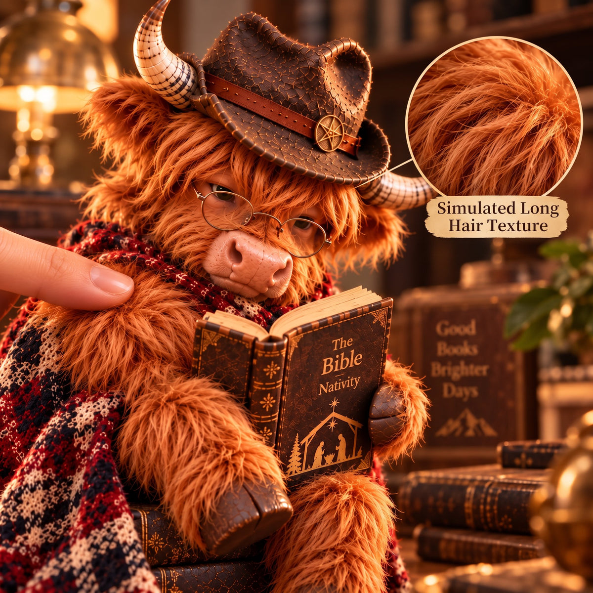 🐮Enchanted Highland Cow Reader Sculpture, Winter Tabletop Book Nook Decor🎄