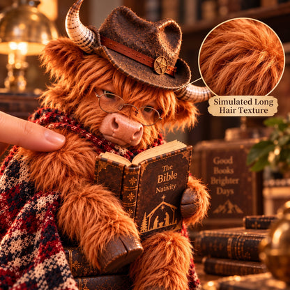 🐮Enchanted Highland Cow Reader Sculpture, Winter Tabletop Book Nook Decor🎄