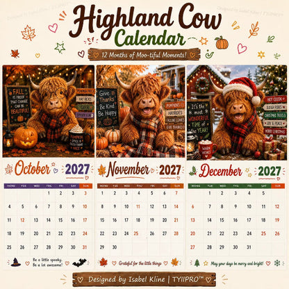 🐮2027 Funny Highland Cow Wall Calendar A4 Hanging Calendar