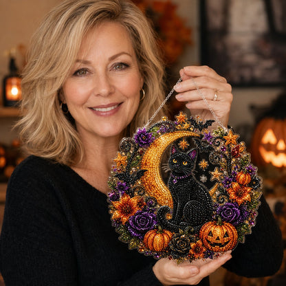 🎃Black Cat Moon Diamond Art Hanging Ornament Kit – Relaxing DIY Halloween Craft 💎
