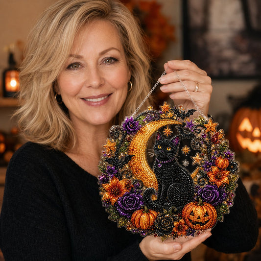 🎃Black Cat Moon Diamond Art Hanging Ornament Kit – Relaxing DIY Halloween Craft 💎