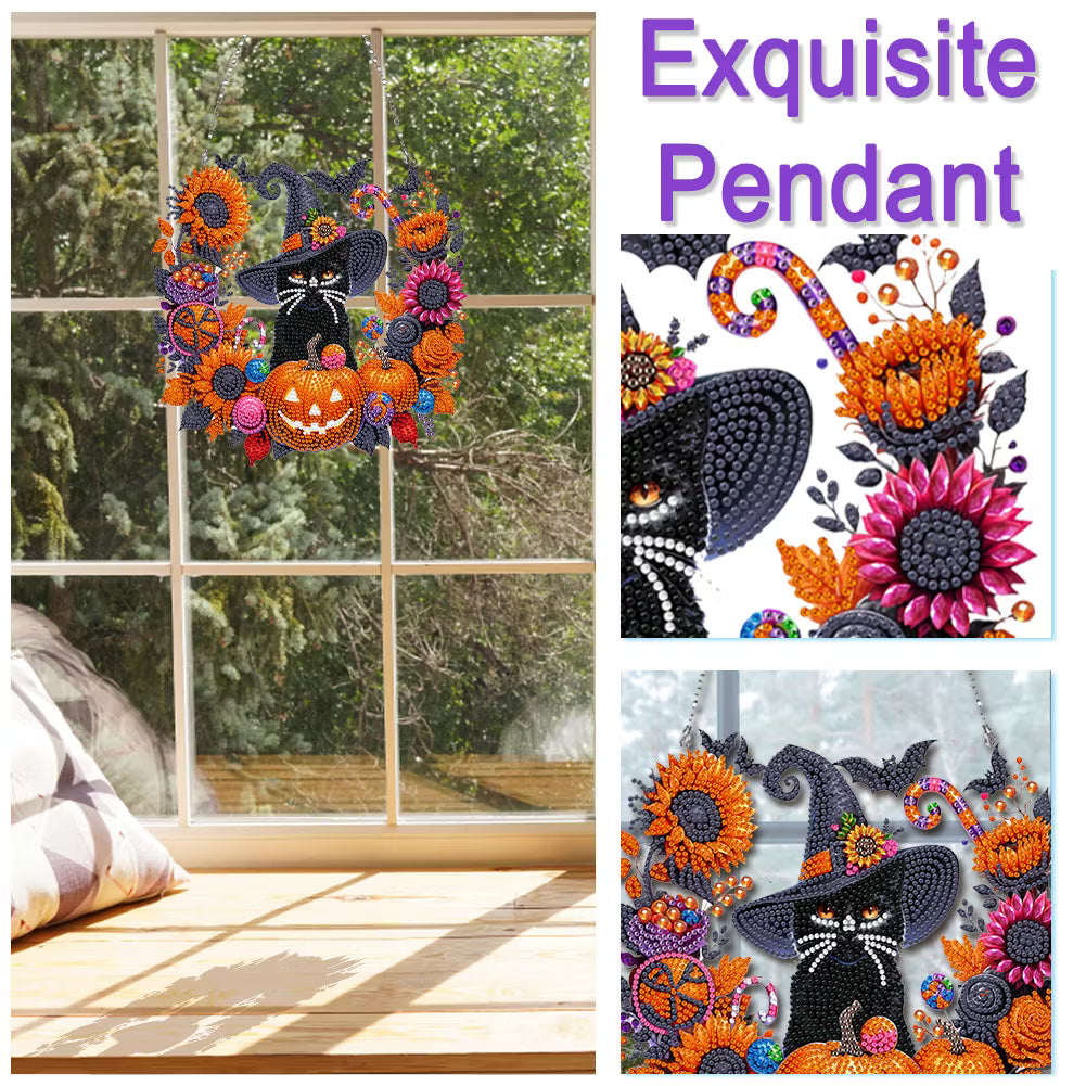 🎃Black Cat Moon Diamond Art Hanging Ornament Kit – Relaxing DIY Halloween Craft 💎