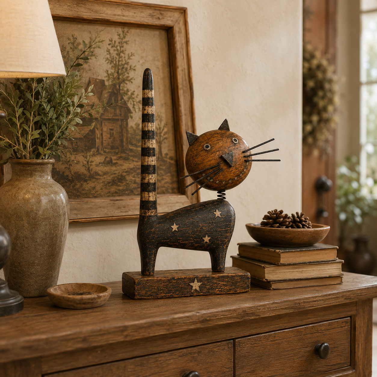 🐈Vintage Primitive Wooden Cat with Metal Accents