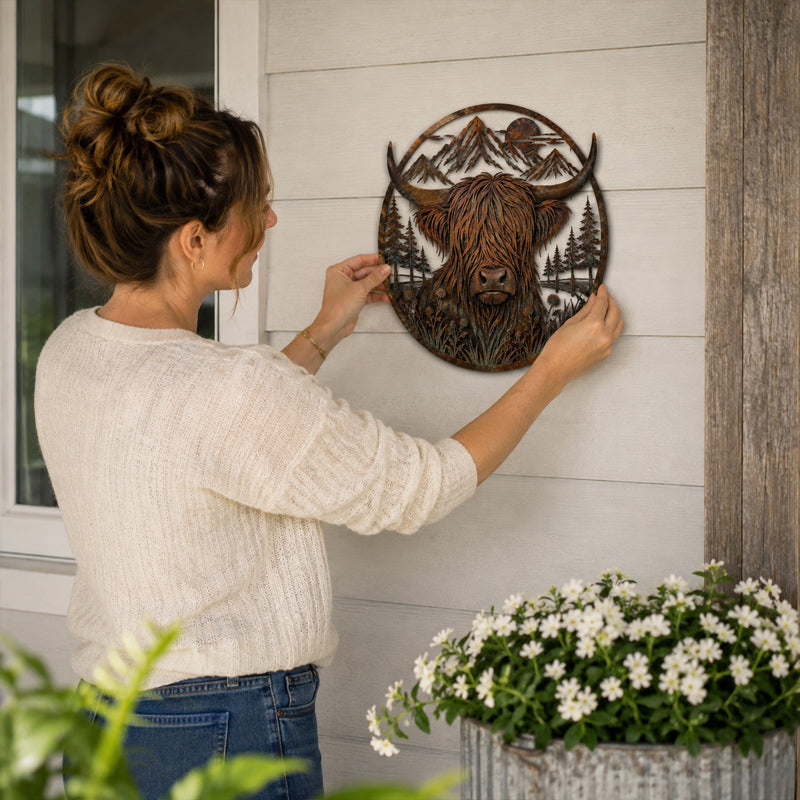🐂Highland Cow Mountain Scene Metal Wall🏔️