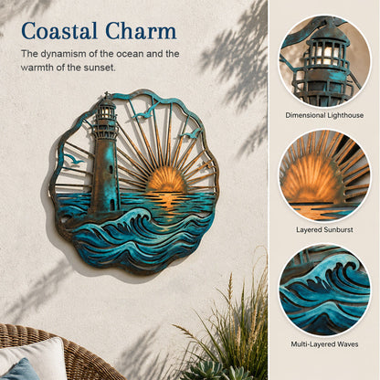 🌅 Golden Harbour Lighthouse Mural – Vintage Coastal-Style Metal Wall Decoration⚓