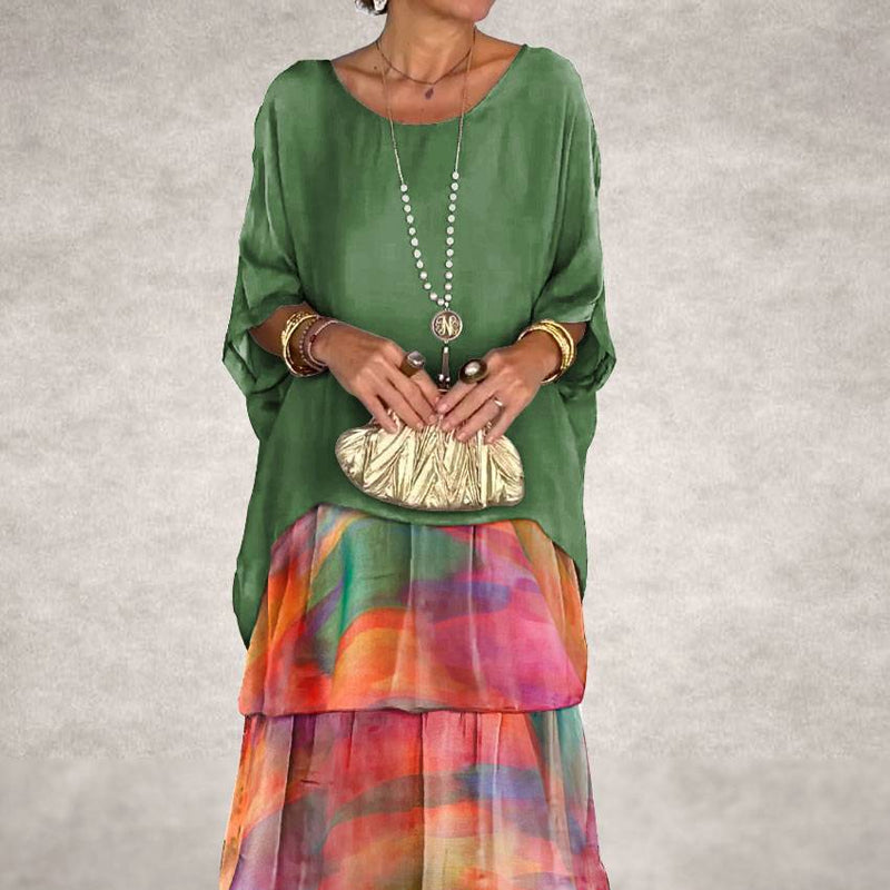 Konstnärlig lös klänning/chiffonnät dolmanärmad långklänning med rund hals