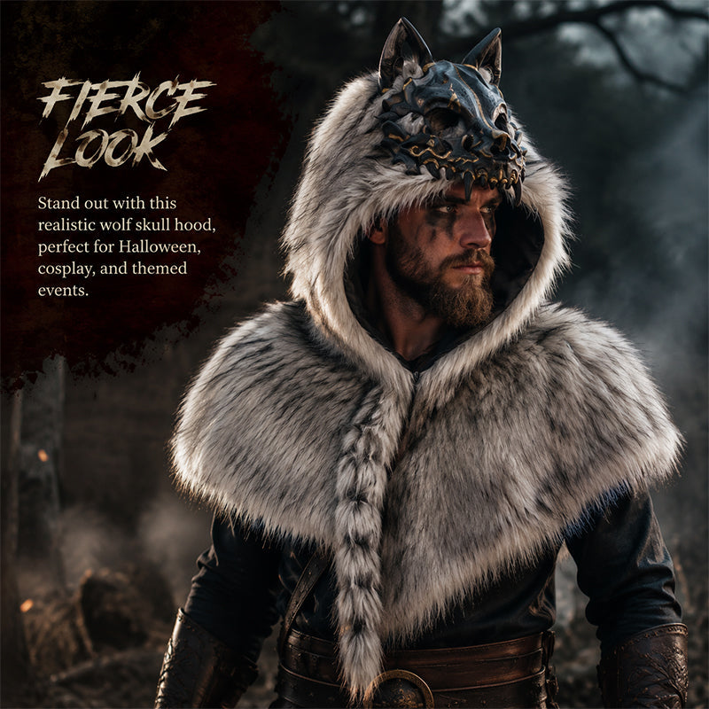 🐺Halloween Medieval Viking Faux Wolf Skull Hooded Cape