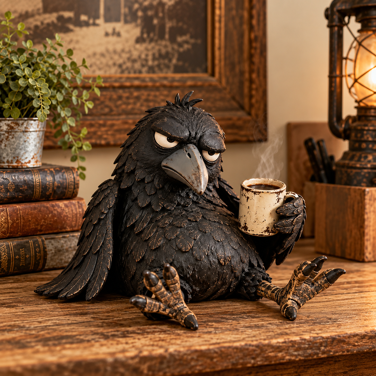 ☕Grumpy Coffee Raven Figurine – “Not Yet” Funny Morning Decor