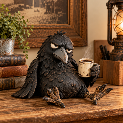 ☕Grumpy Coffee Raven Figurine – “Not Yet” Funny Morning Decor