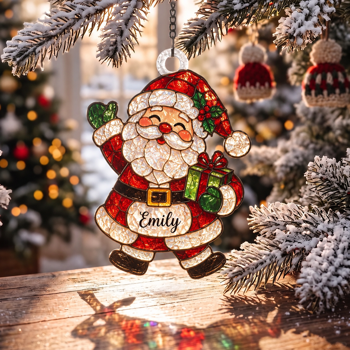 🌈Personalized Christmas-themed Stained Glass Ornament – ‘Sun Catcher’ tree decoration with space to write a name