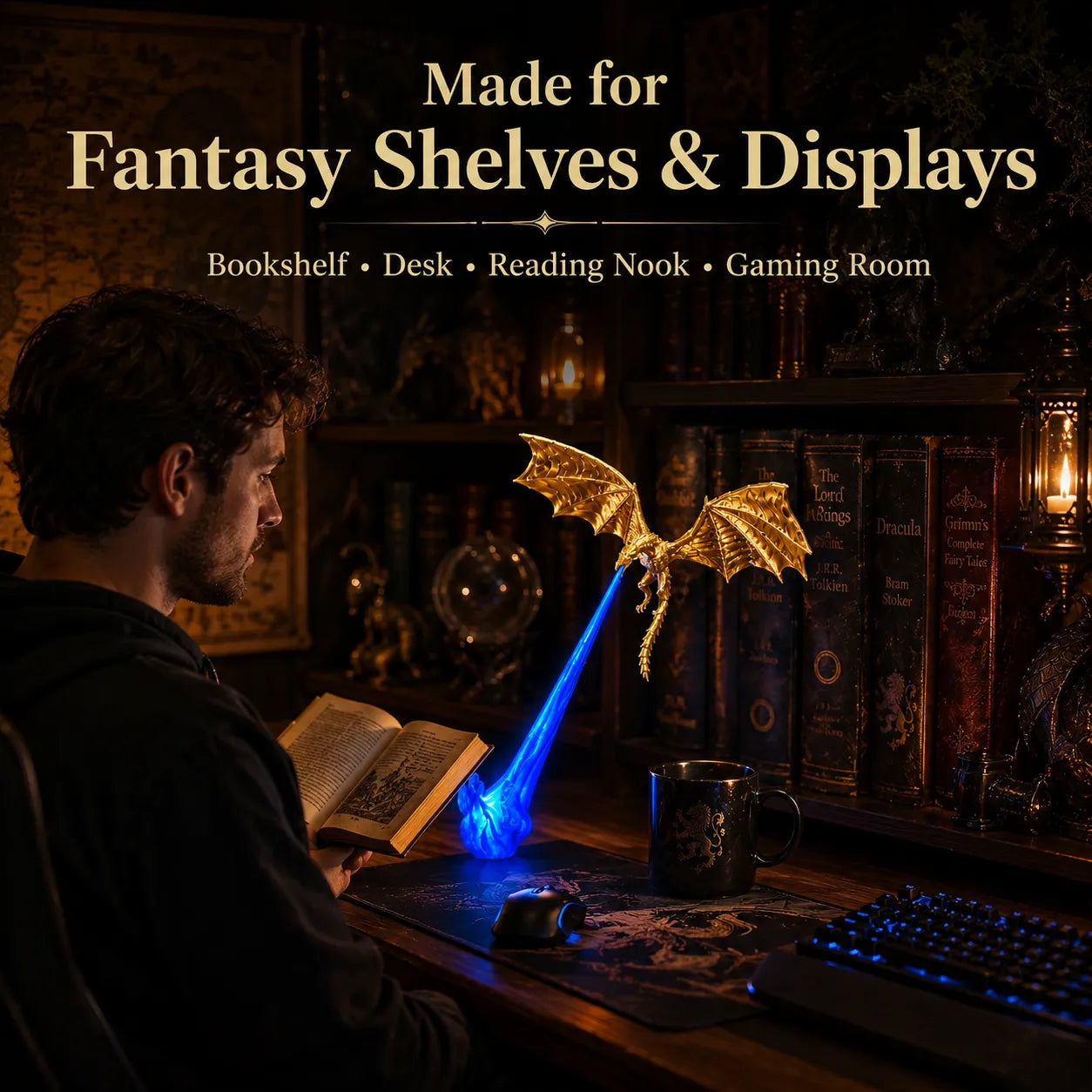 🐉 Dragon Bookshelf Nook Light — 3D Fire-Breathing Fantasy Shelf Decor 🔥