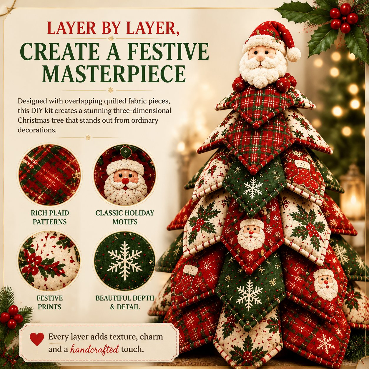 🎄🧵DIY Quilted Christmas Tree Kit – Handmade Fabric Holiday Tabletop Tree Decor