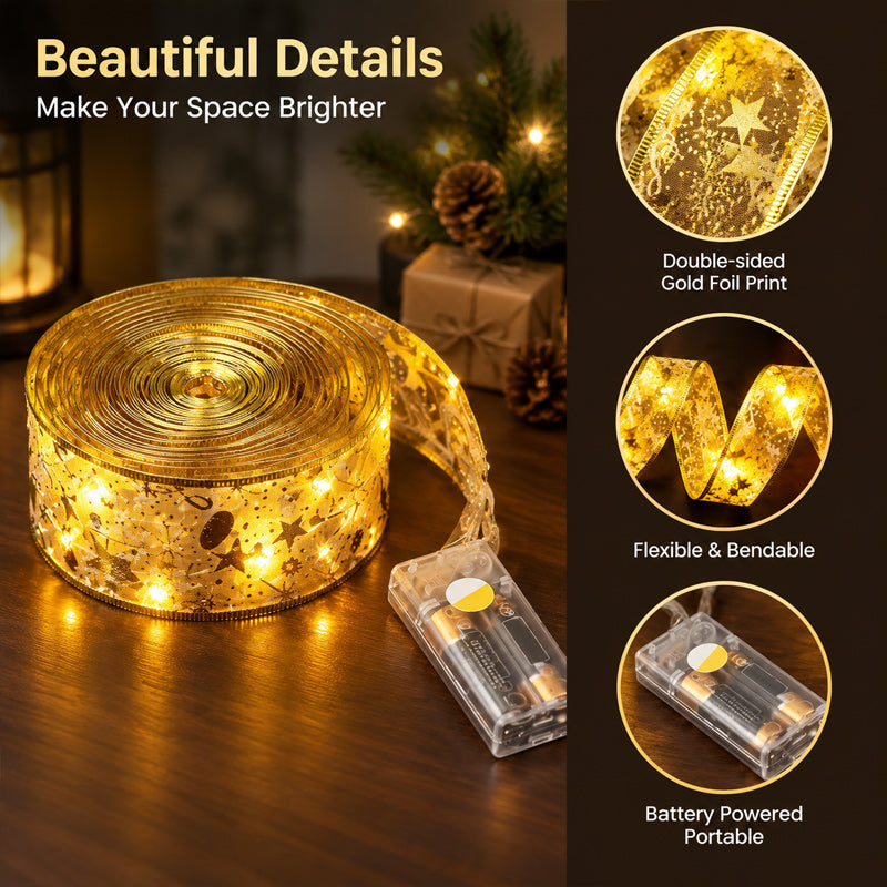 ✨Christmas Double-Layered Hot-Stamped Satin Ribbon with LED Strip Lights