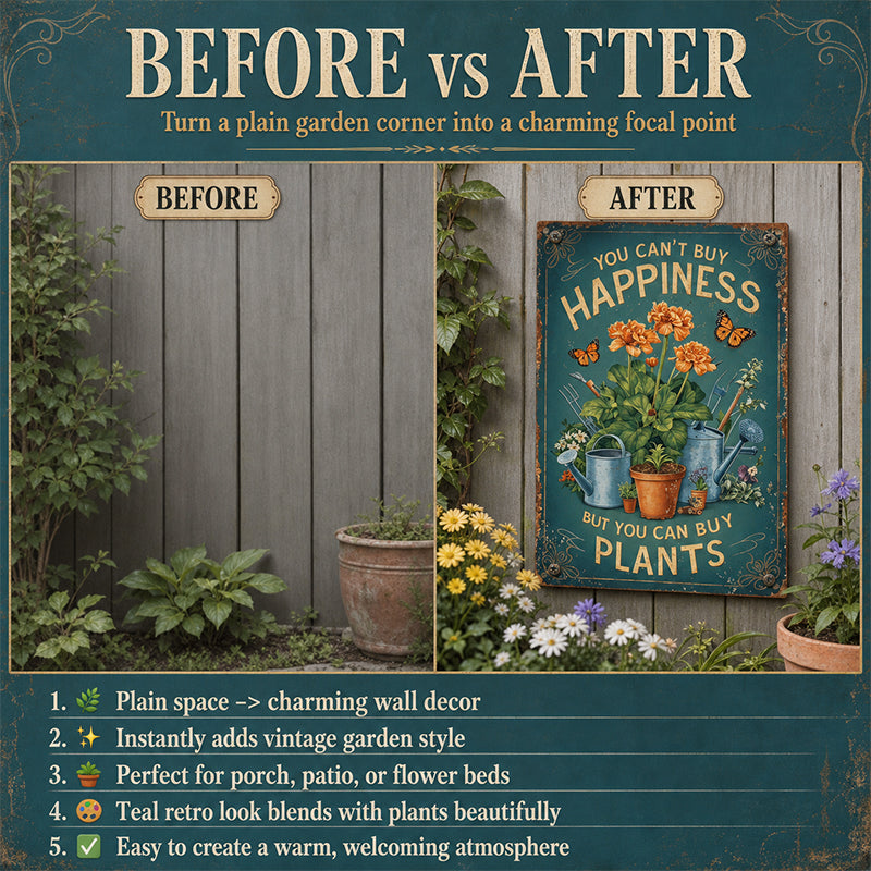 🌿Vintage "You Can't Buy Happiness But You Can Buy Plants" Garden Metal Sign