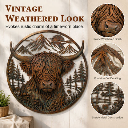 🐂Highland Cow Mountain Scene Metal Wall🏔️